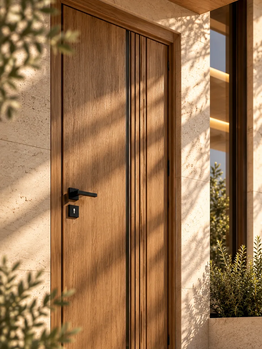 WPC door with a wood finish and vertical grooves in a stone-clad entrance
