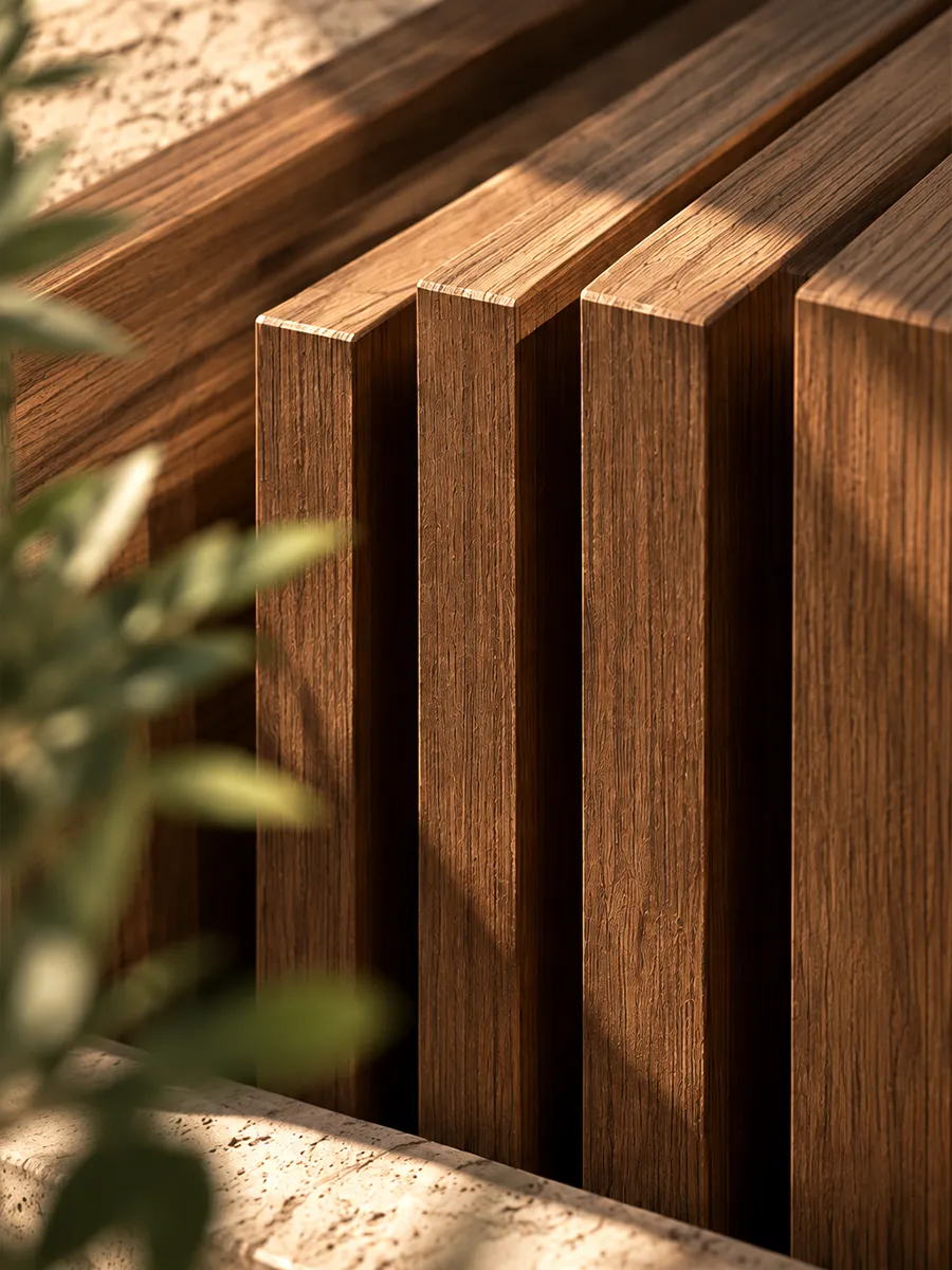 Close-up of WPC panels in a warm wood finish