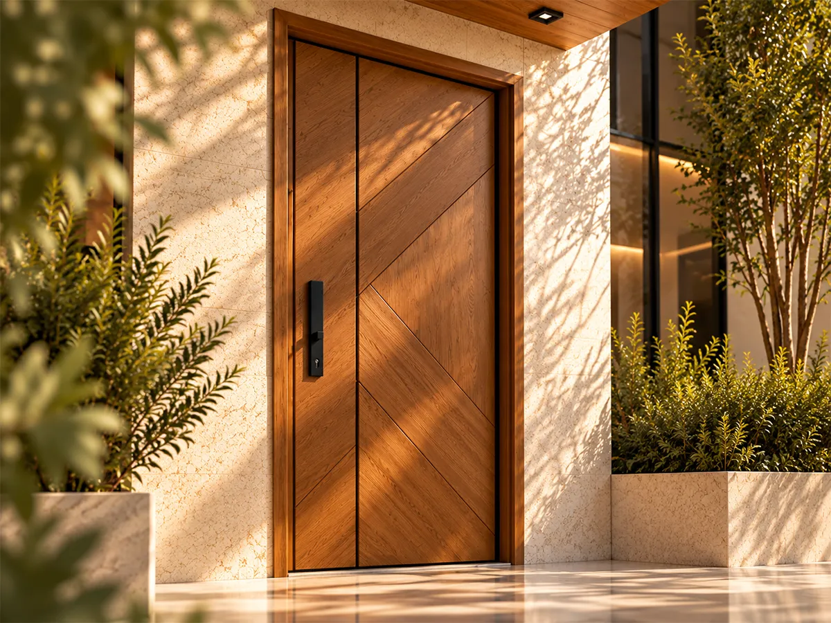 WPC door with a diagonal inlay pattern at an architectural entrance