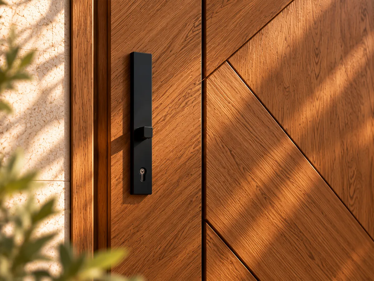 Black smart handle on a wood-finish door with a diagonal pattern