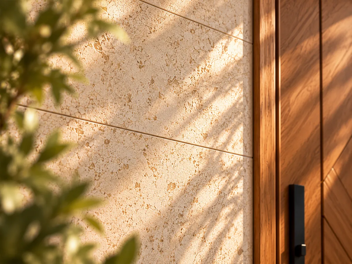 The wood-finish door meeting a light stone wall