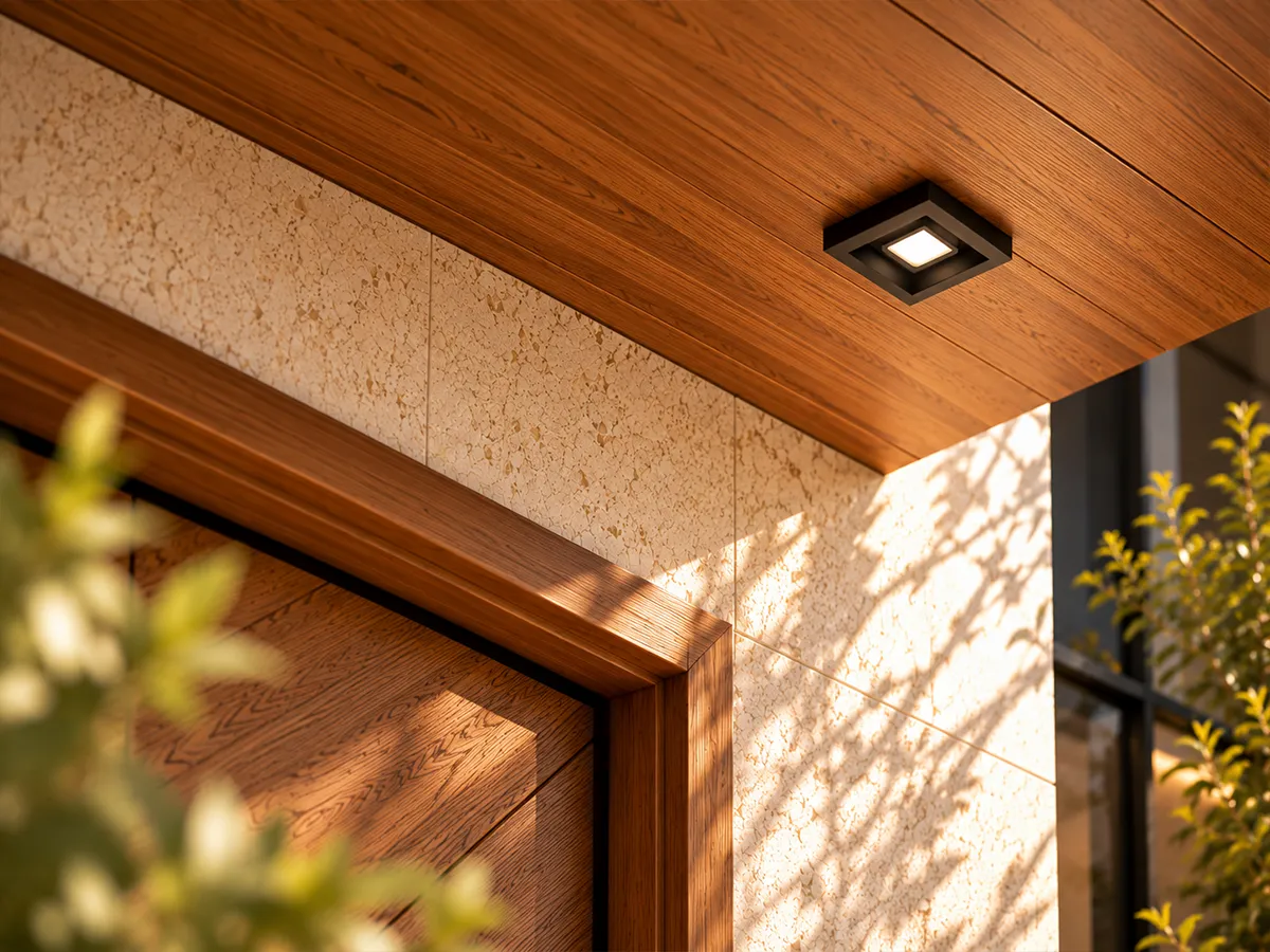 Wood ceiling and recessed light above the door frame