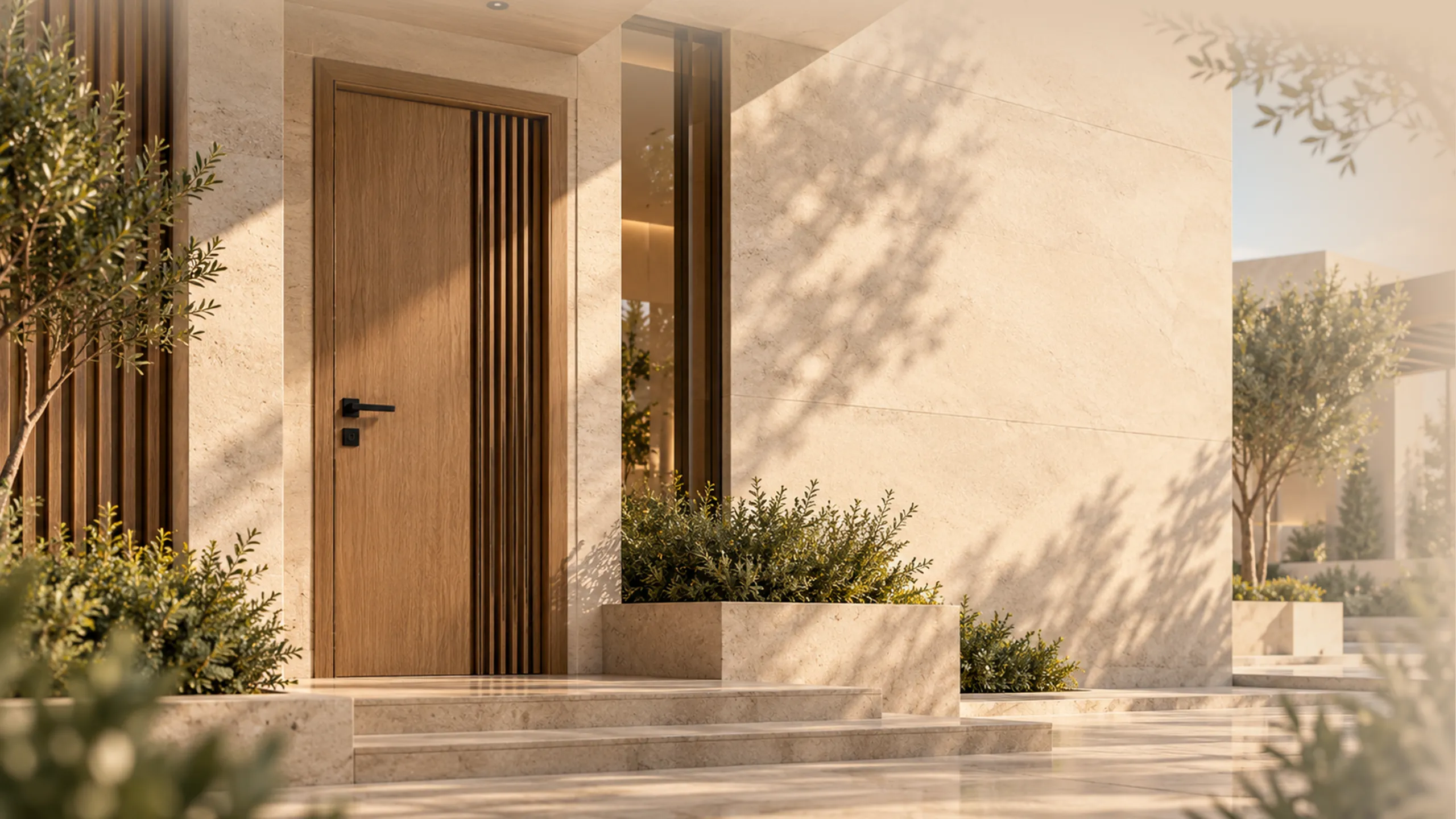 A Nexus Arc WPC door in an architectural entrance lit by daylight