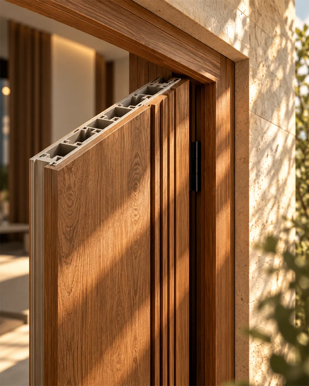 Cross-section of a WPC door showing the hollow core and wood-finish surface